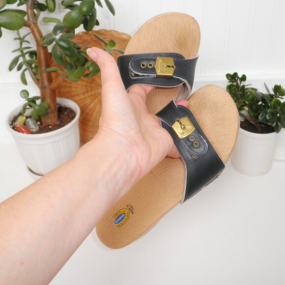 Vintage The Original Dr. Scholl's Exercise Sandals Black Wooden Sole Size 8 - Picture 2 of 9